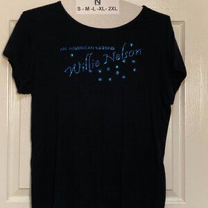 Willie Nelson Original Women's short sleeve tee black w/blue sequins sze 3XL
